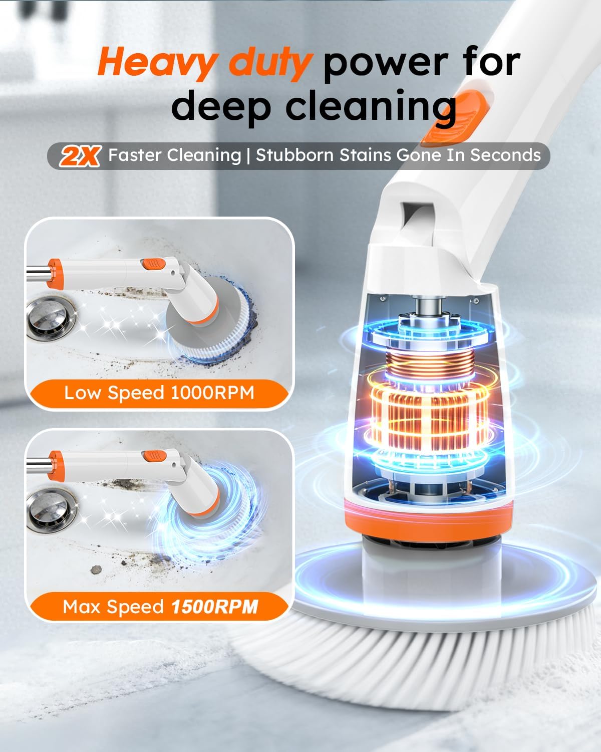 TUYU Electric Spin Scrubber, Full-Body IPX7 Waterproof Bathroom Scrubber with Power LCD Display, Adjustable Extension Handle, Cordless Shower Cleaner Brush for Bathtub Kitchen Wall Cleaning