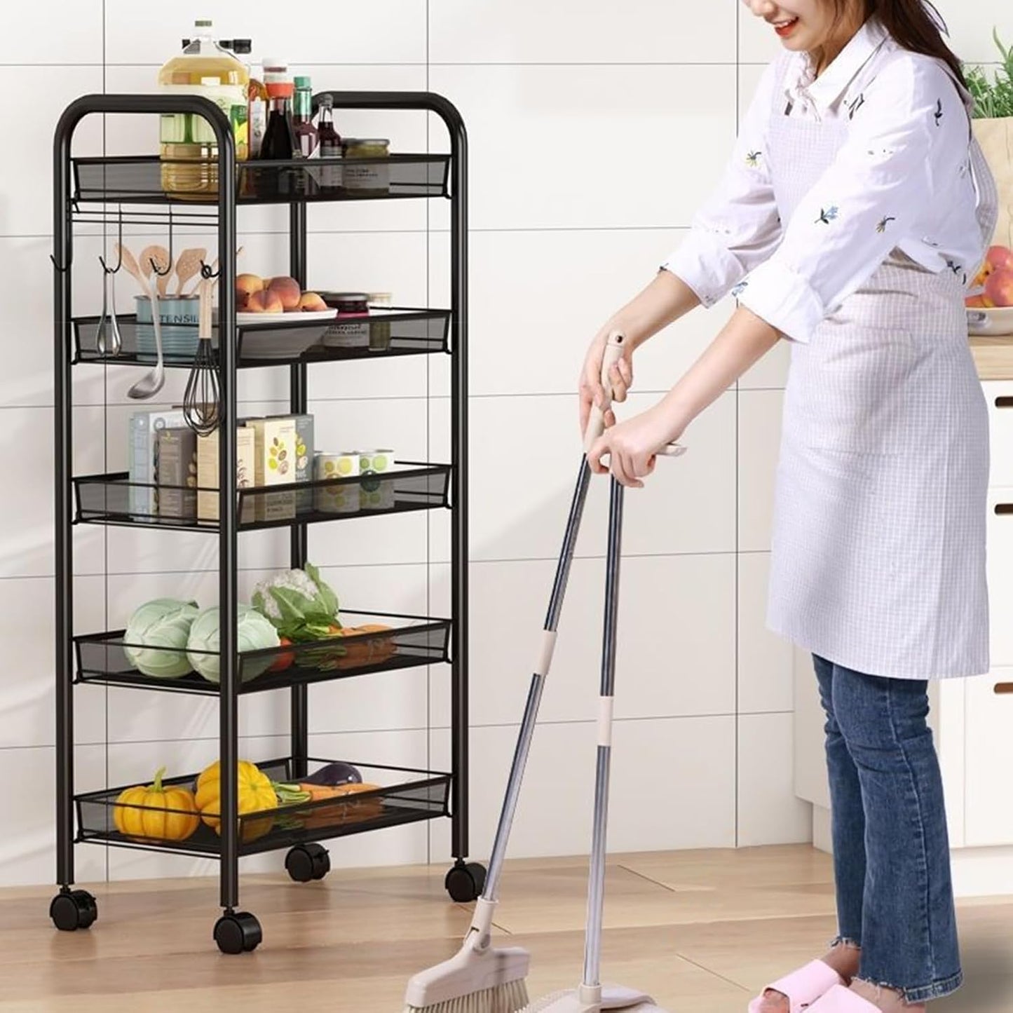 5-Tier Rolling Cart, Stackable Fruit Vegetable Rack, Kitchen Mesh Storage Basket with 360 Degree Wheels, Snack Cart for Kitchen Pantry Bathroom Organizer Heighten Guardrail Detachable (5-Tier Black)