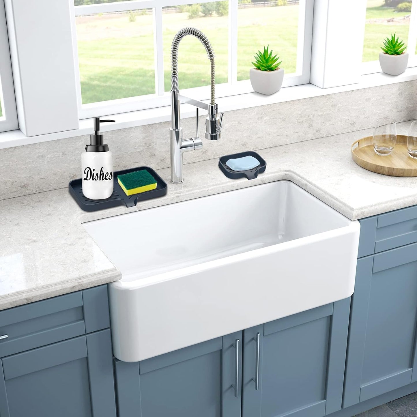 Kitchen Soap Tray,Kitchen Sink Tray Sponge Tray Kitchen Sponge Holder Self Draining Premium Silicone Soap Holder for Bathroom Counter Sink Caddy Organizer for Dish Soap Bottle,Soap Dispenser
