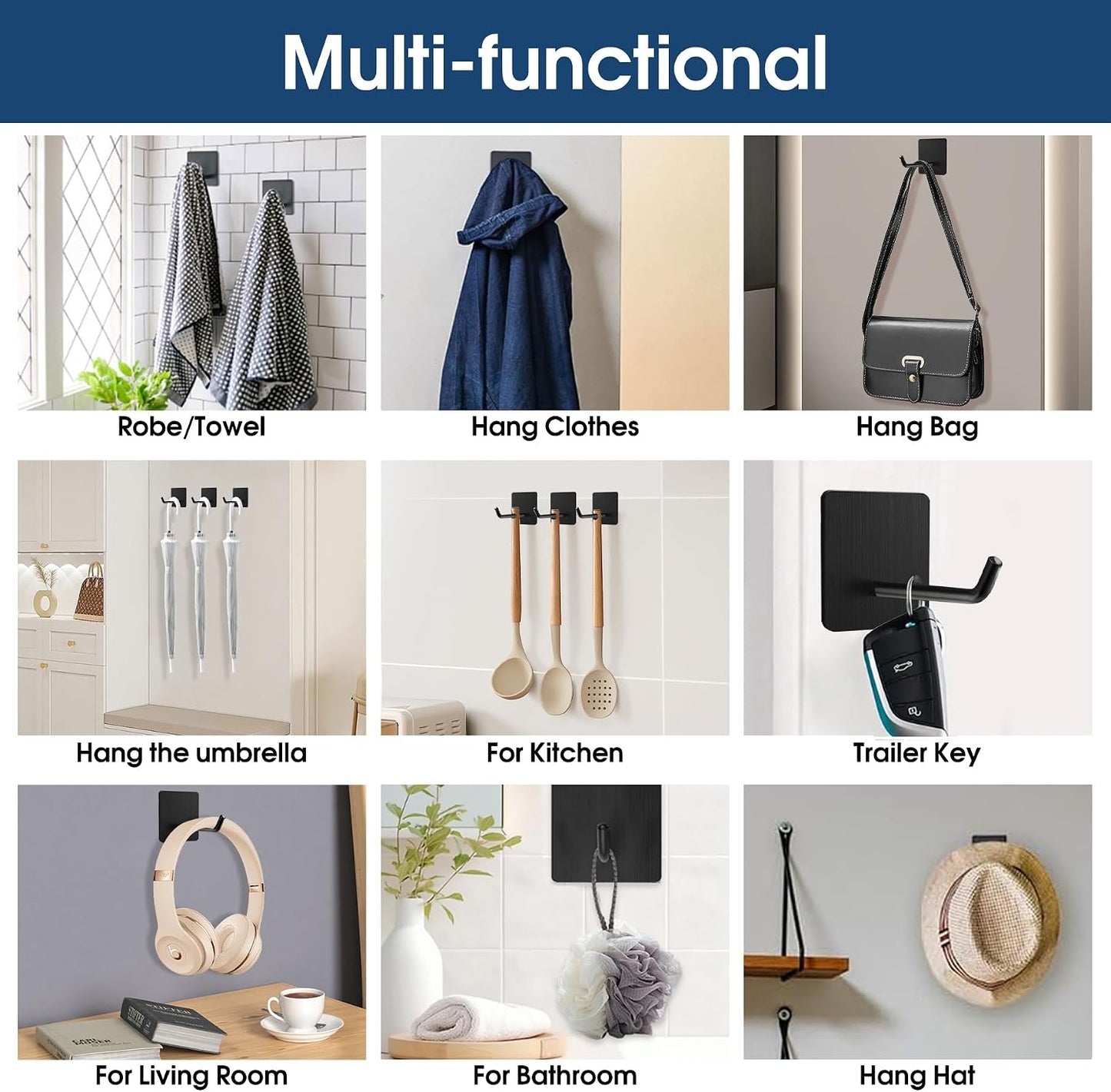 Hawsam 6 Pack Self Adhesive Wall Hooks for Hanging Heavy Duty 44LB(Max) Adhesive Towel Hooks 304 Stainless Steel Sticky Hooks for Robe Coat, Waterproof Shower Hooks for Bathroom Kitchen