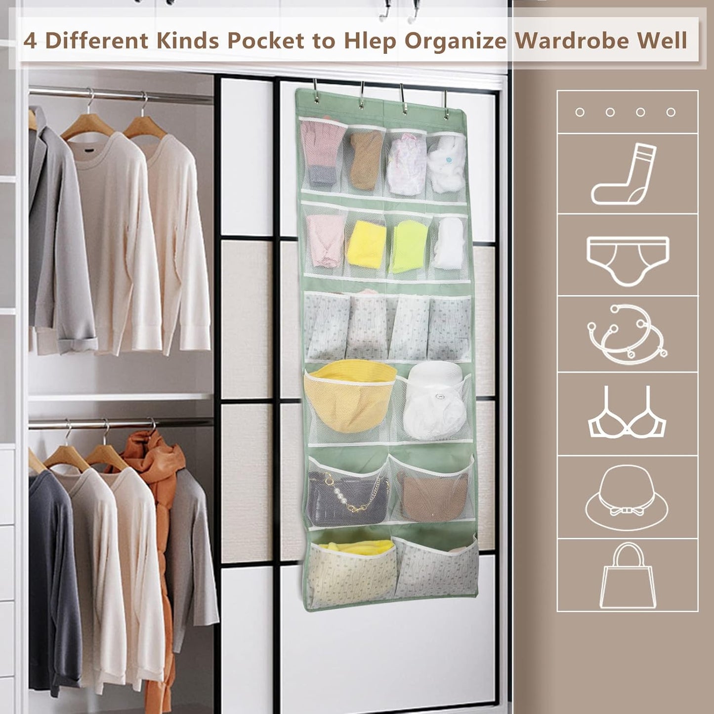 2 Pack- 12 Pocket Over Door Hanging Storage Organizer with 4 Kinds Pouch,Back of Closet Hanging Shelf Storage Organization for Sock,Hat,Underwear,Behind Door Caddy in Bedroom,Bathroom,Entrance,Dorm,RV