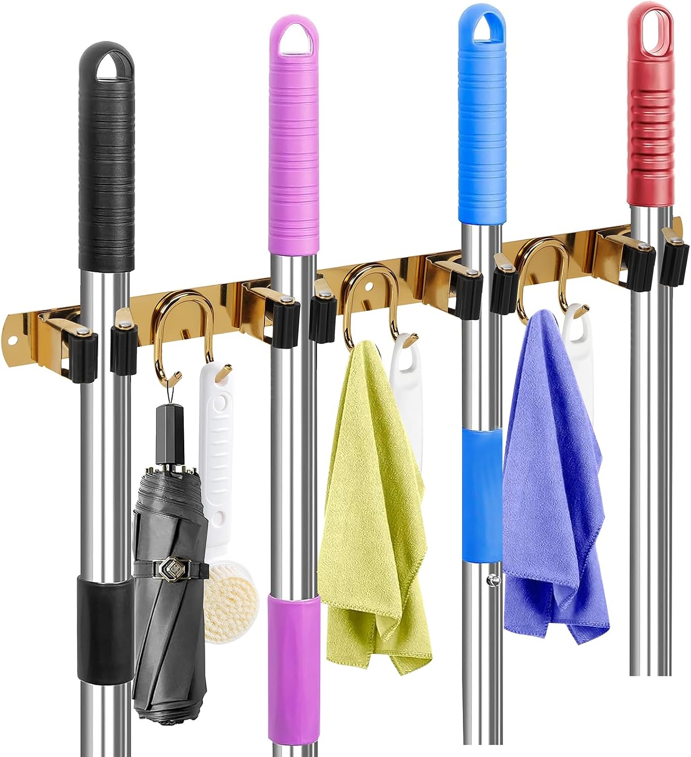 Broom Holder Wall Mount, Stainless Steel Mop Hanger with 4 Slots 6 Hooks, Tool Storage Wall Organizer for Kitchen Garden Garage Laundry Room Bathroom and RV, Black 1-Pack