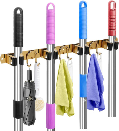 Broom Holder Wall Mount, Stainless Steel Mop Hanger with 4 Slots 6 Hooks, Tool Storage Wall Organizer for Kitchen Garden Garage Laundry Room Bathroom and RV, Black 1-Pack