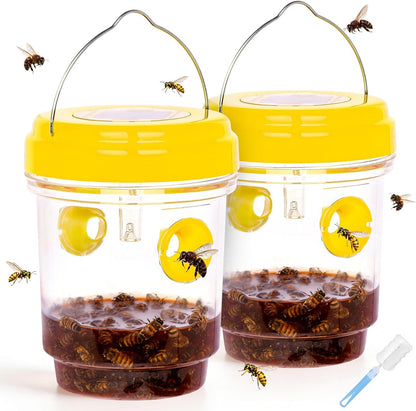 Solar Wasp Bee Trap, Outdoor Hanging LED Light Reusable Catcher for Outside | Brush Included, DIY Bait, Fits Hornet, Yellow Jacket, Wasp & Carpenter Bee, All-day Outdoor Use for Garden, Orchard & Farm