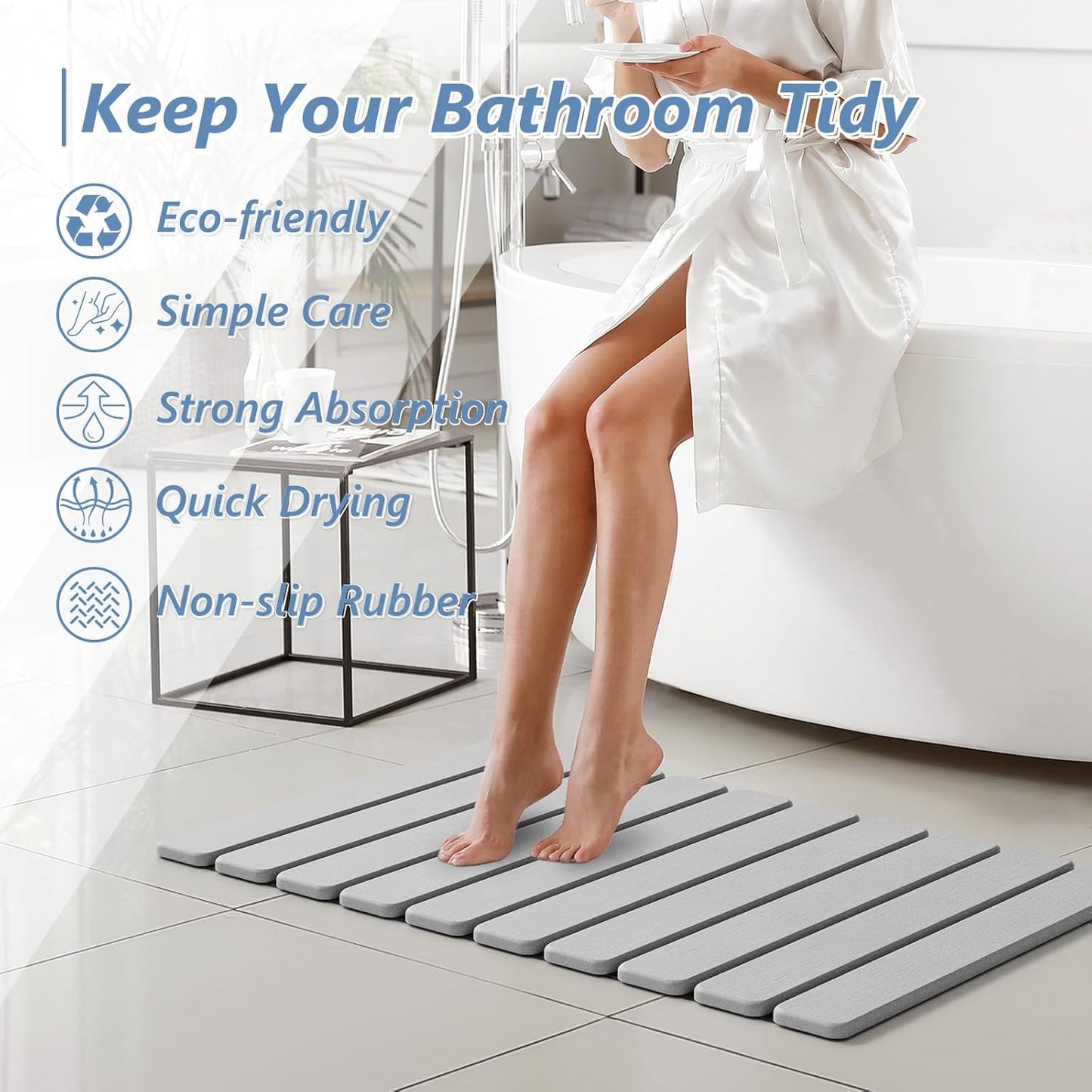 AWW Foldable Stone Bath Mat, Quick Dry Diatomaceous Earth Bath Mat with Non-Slip Mat, Super Absorbent, Easy to Clean, Compact for Small Bathrooms, 23.6 x 15.5, Grey