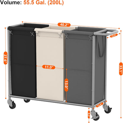Heybly 3-Section Laundry Sorter Hamper,Rolling Laundry Hamper with Removable Bags – Heavy-Duty Laundry Sorter Cart with Wheels for Dirty Clothes, 40.2 x 15.4 x 33.1 Inches HLH024P03