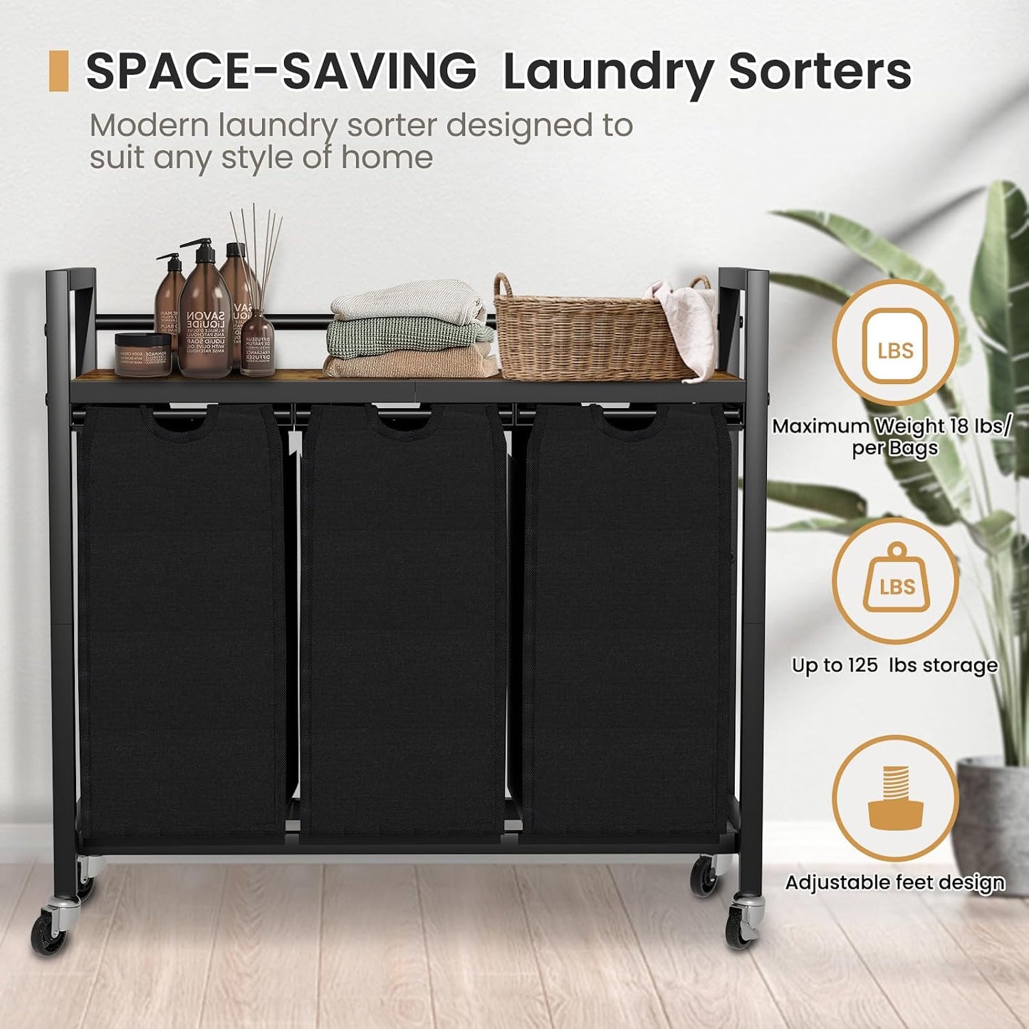 SwaaVee Laundry Sorter, Laundry Hamper 3 Section, 3×11.4Gal, Metal Frame Rolling Laundry Basket with Wooden Top Shelf, Pull out and Removable Laundry Bags, 3 Bags-Gray