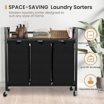 SwaaVee Laundry Sorter, Laundry Hamper 3 Section, 3×11.4Gal, Metal Frame Rolling Laundry Basket with Wooden Top Shelf, Pull out and Removable Laundry Bags, 3 Bags-Gray
