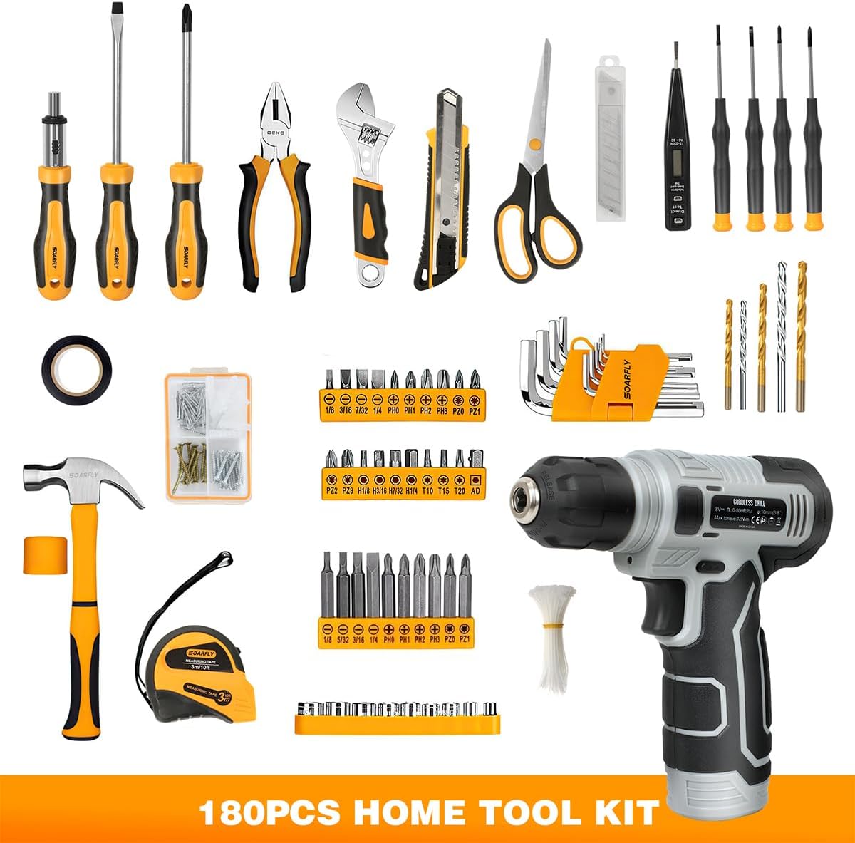 Upgraded 180 Piece Tool Set, Tool Kit with 8V Cordless Drill Set, General Household Hand Drill Kit for Men and Women, Plastic Storage Toolbox for DIYers, Home Maintenance and Everyday Repairs(Orange)