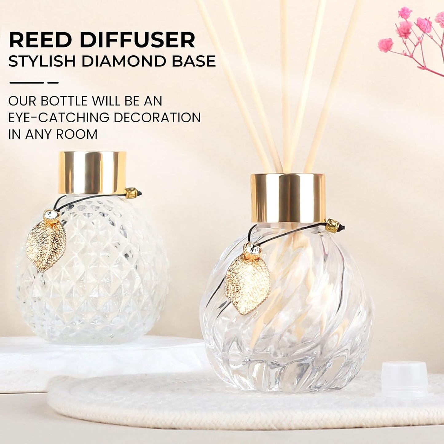 4-Piece Reed Diffuser Set with Metal Golden Decoration, 3.5-4.2oz Empty Bottles and 20 Reed Sticks, Unique Design for Home and Office (4 Different Bottles)