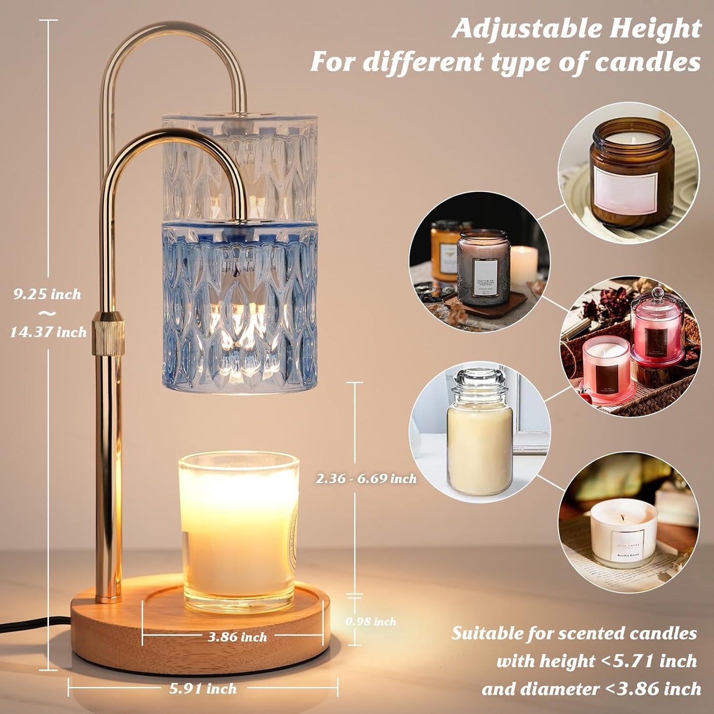 Candle Warmer Lamp with Timer and Dimmable, Electric Wax Melt Candle Warmers Height Adjustable with 2 Bulbs, Birthday Gifts for Women House Warming, Home Decor for Scented Jar Candles(Clear)