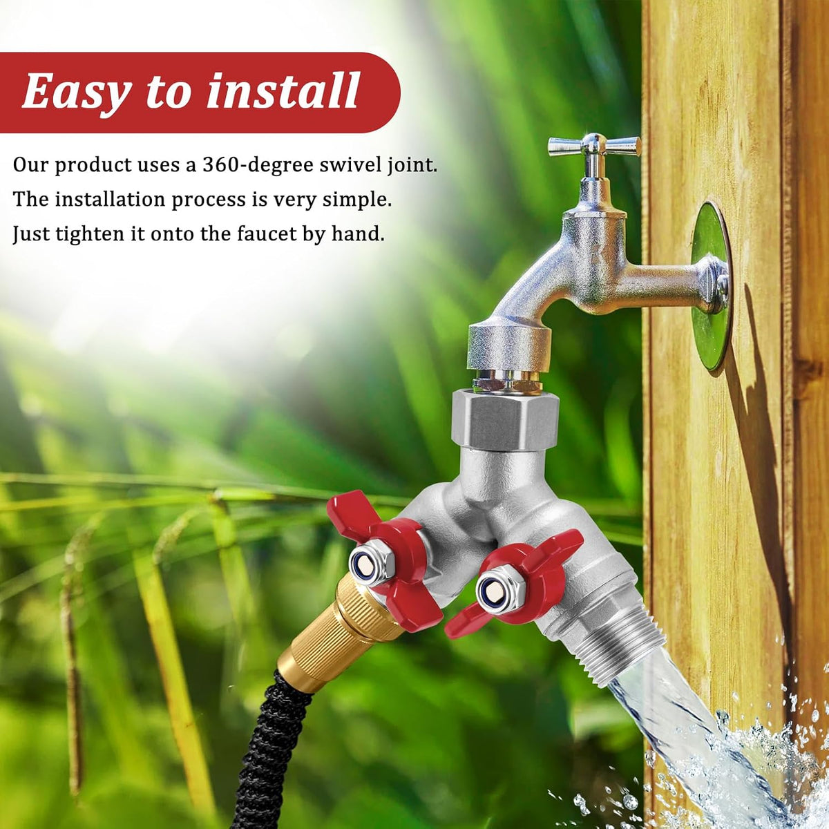 Garden Hose Splitter 2 Way, Heavy Duty Brass Hose Splitter, 3/4" GHT Hose Y Splitter with Shutoff, Full Flow Outdoor Faucet Splitter, Water Hose Y Valve Tap Adapter