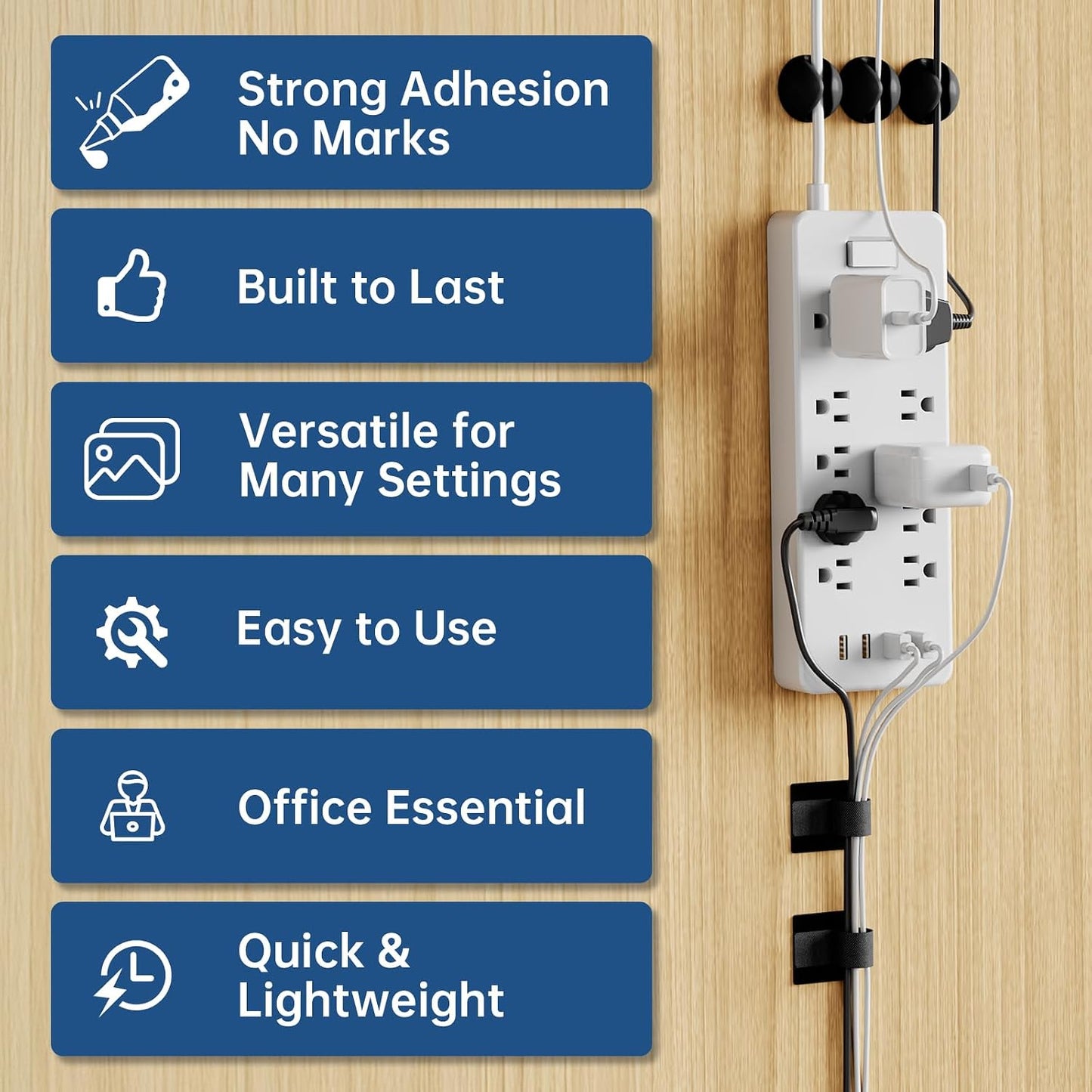 NiHome Cable Organizer Set with 12 Silicone Clips & 50 Hook and Loop Ties, Self-Adhesive Cord Holders for Desk, Wall, TV, PC, Reusable Cable Management for Charging Cords, Power Strips, Wire Bundling