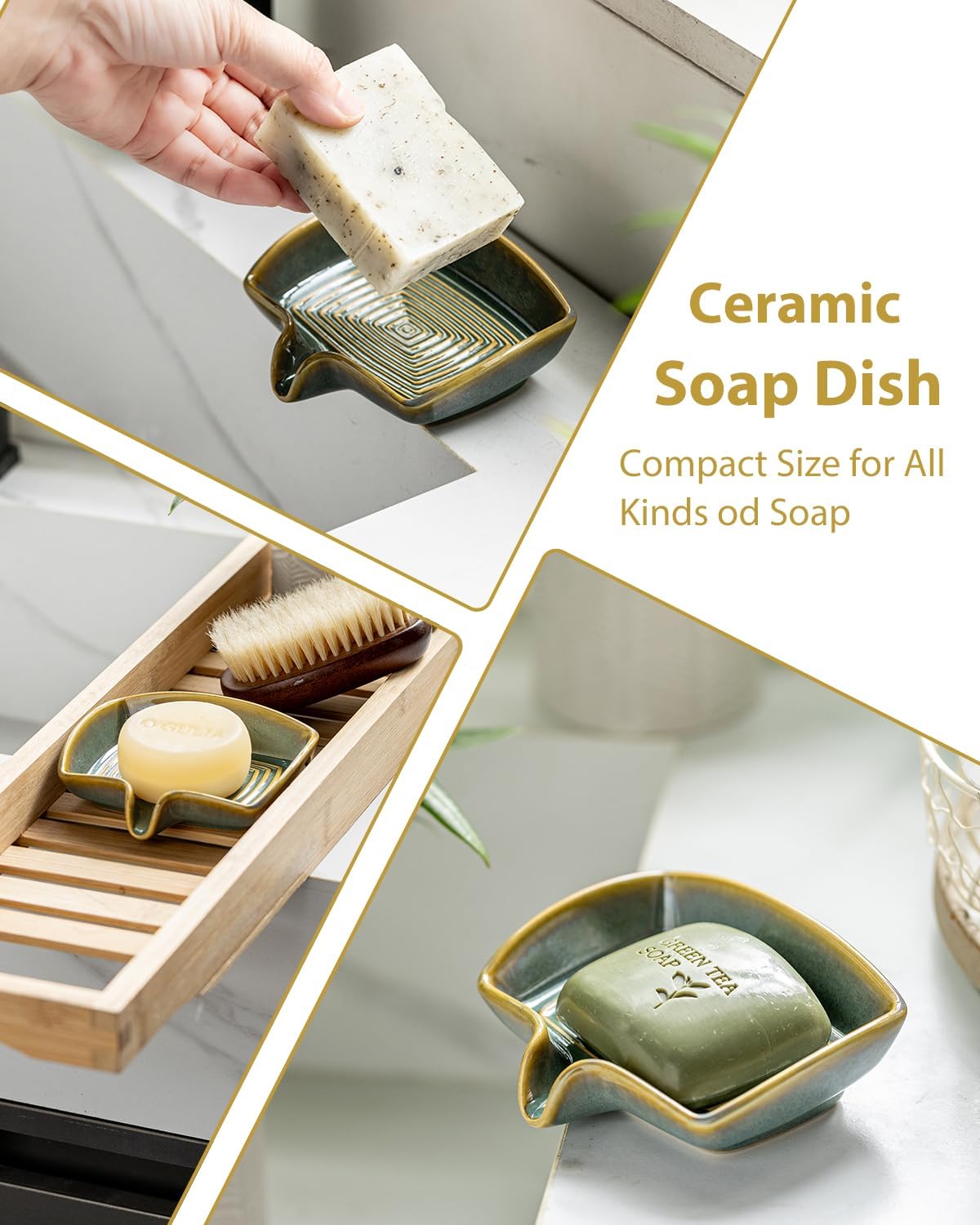 Self Draining Soap Dish, Ceramic Drain Soap Holder Waterfall Design Soap Saver for Shower, Bathroom, Sink, Kitchen and Countertop, Keeps Dry, Green