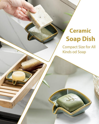 Self Draining Soap Dish, Ceramic Drain Soap Holder Waterfall Design Soap Saver for Shower, Bathroom, Sink, Kitchen and Countertop, Keeps Dry, Green