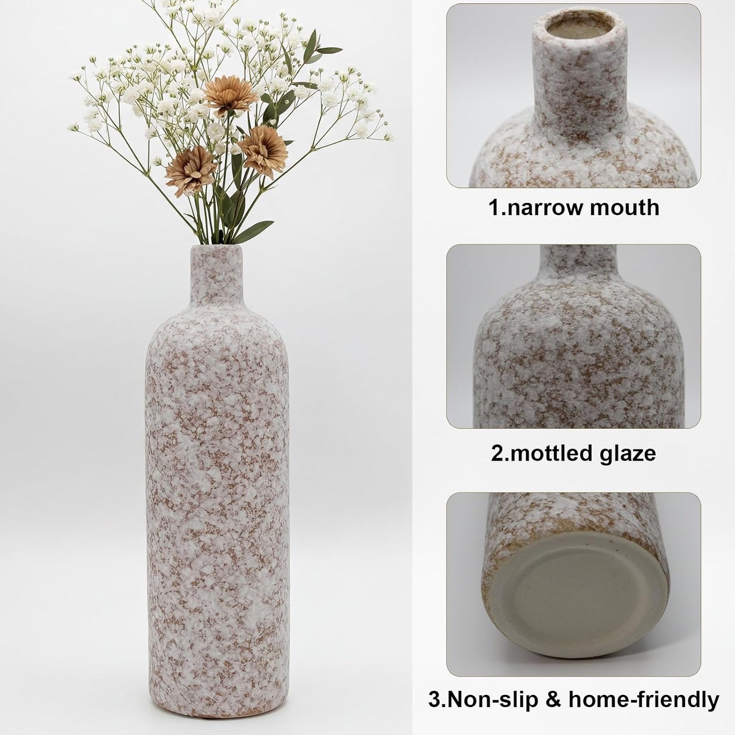 Modern Rustic Farmhouse Ceramic Vase Set of 3, Handmade Speckled Pottery Vases for Table Decor, Small Decorative Vase Centerpiece for Living Room, Mantel & Shelf Styling