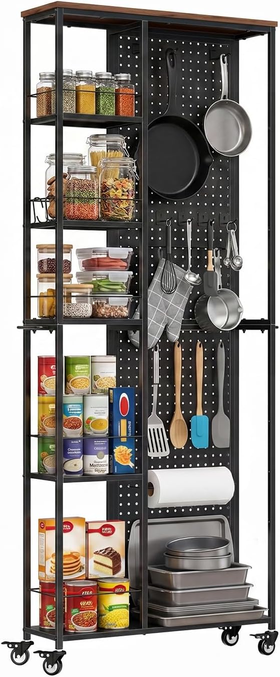 Slim Rolling Storage Cart, 8.3 Inch Narrow Storage Cart with Wheels, Pegboard & 5 Tier Shelves, Mobile Slim Storage Rack Next to Fridge for Kitchen, Laundry, White