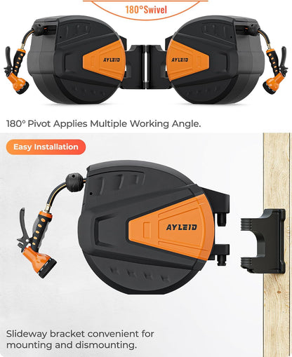 Ayleid Retractable Rubber Hybrid Garden Hose Reel, 1/2"x100ft Wall Mount | Anti-freeze, kink-free premium rubber hybrid hose, 24-month warranty, 9-pattern sprayer, any-length lock, slow auto-return.