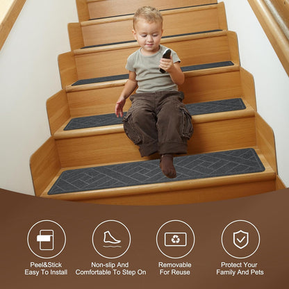 15 Pack 8 "X 30" Non-Slip Carpet Stair Treads for Indoor Wooden Steps, Made of Polyester and Reusable Adhesive, Suitable for Kids Elders and Pets（Black Lines）