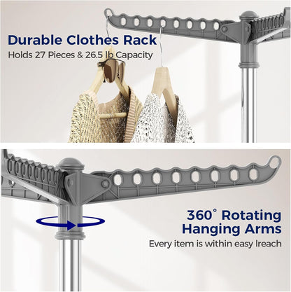 KINGBOARD Clothes Drying Rack, 72-Inch 2-Tier Stainless Steel, Grey | 2-Tier Design, 6 Rotating Arms, 27 Hanger Holes, 24 Clips, 4-Leg Base, Compact Storage, Indoor and Outdoor Use