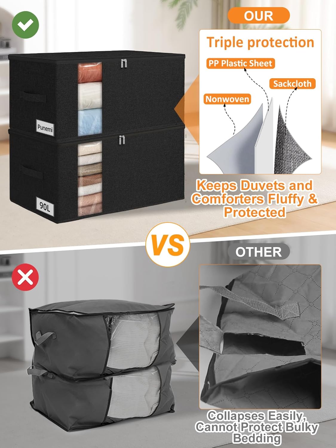 punemi Comforter Storage Bag, Large Blanket Storage Bags with Sturdy Structure, Zipper & 2 Handles for King/Queen Comforters, Quilts, Duvets, Pillows, Bedding and Clothes, 21.7x14.2x11.8in, 2 Pack