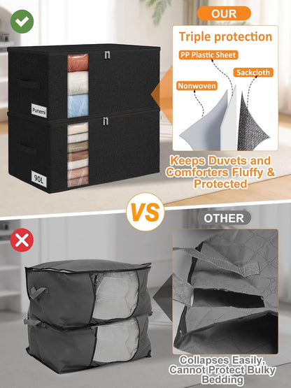 punemi Comforter Storage Bag, Large Blanket Storage Bags with Sturdy Structure, Zipper & 2 Handles for King/Queen Comforters, Quilts, Duvets, Pillows, Bedding and Clothes, 21.7x14.2x11.8in, 2 Pack