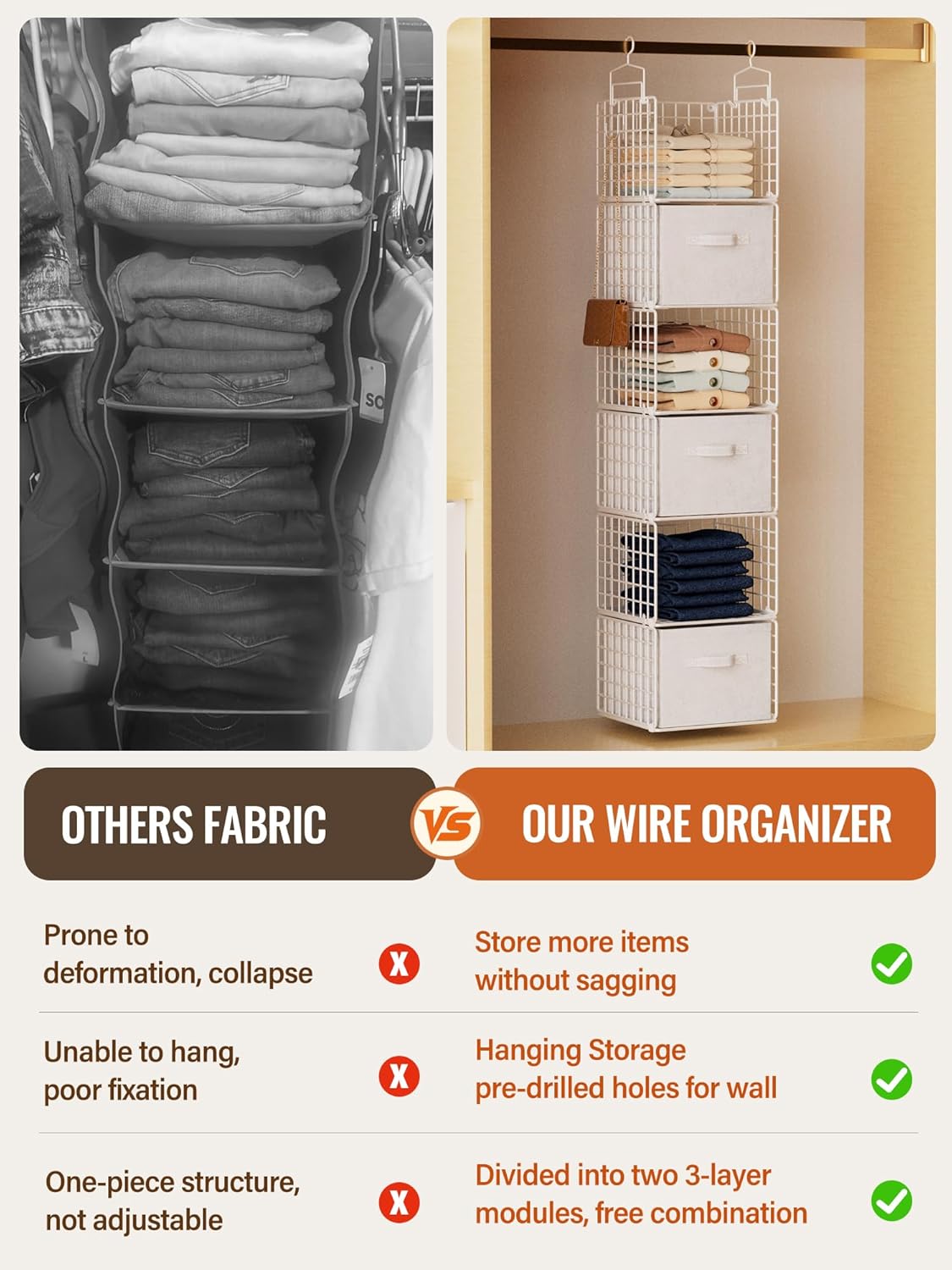 Hanging Closet Organizer, 4 Tier Metal Closet Organizers and Storage with 4 Hanging Hooks 4 S-Hooks for Wardrobe Laundry Room, Wire Storage Shelf for Clothes Sweaters Pants (White)