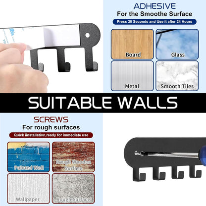 2 Pack Key Holder for Wall,Key Hooks with 10 Hooks,Key Holder Wall Mount Self Adhesive, Key Rack for Wall No Drill for Living Room, Kitchen, Bathroom, Garage (Black)