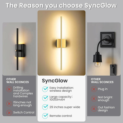 Battery Operated Wall Sconces Set of Two, 10000mAh Rechargeable Wall Lights with Remote Control, 360° Rotate Dimmable Black Gold LED Cordless Lighting for Bedroom, Living Room, Hallway, 29 Inch, 3CCT