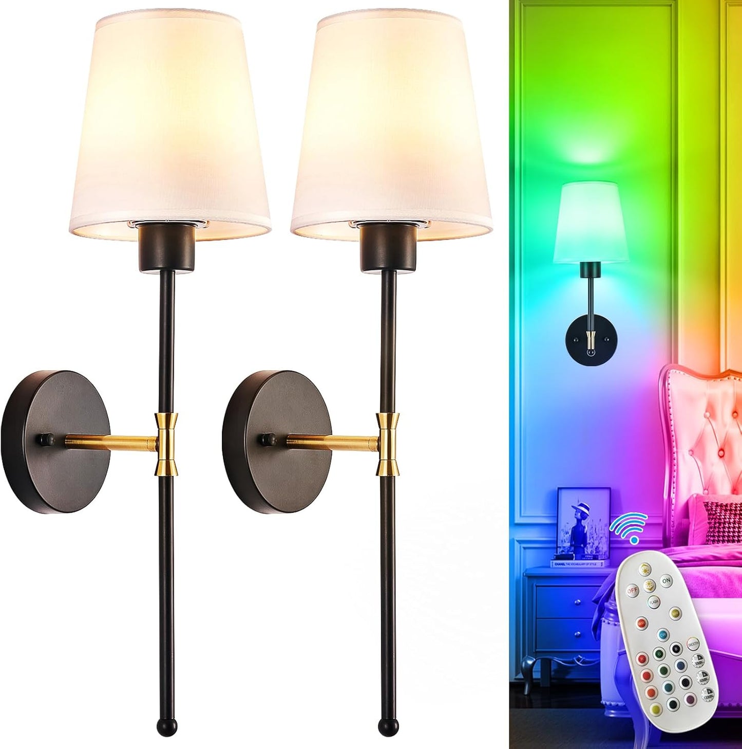Depuley Battery Operated Wall Sconce: Set of 2 Wireless Wall Lights with 10000mAh Dimmable Bulbs and Remote for Bedroom - Rechargeable 15 Colors Gold Wall Lamp for Living Room Hallway