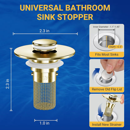 2PCS Bathroom Sink Stopper Strainer, Pop-Up Bathroom Sink Drain Strainer with Removable Stainless Steel Hair Catcher Basket, Universal Fit for US Bathroom Sinks, Bathtubs, Showers & Floor Drains