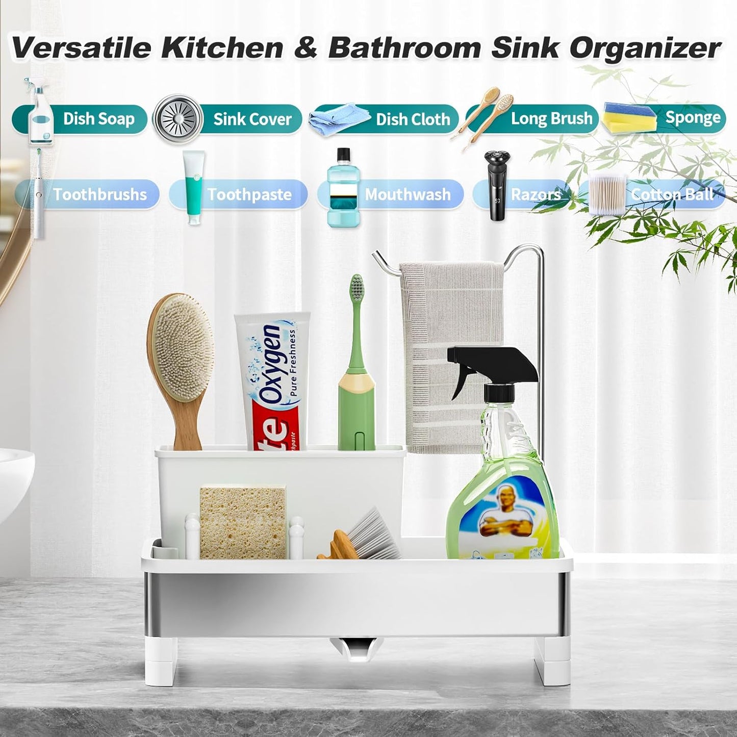 Ewaiira Stainless Steel Sink Caddy, Sponge Holder for Kitchen Sink with Brush Holder and Towel Rack, Sink Organizer for Countertop, Soap Dispenser Kitchen Organizers Storage Essentials (A-Black)