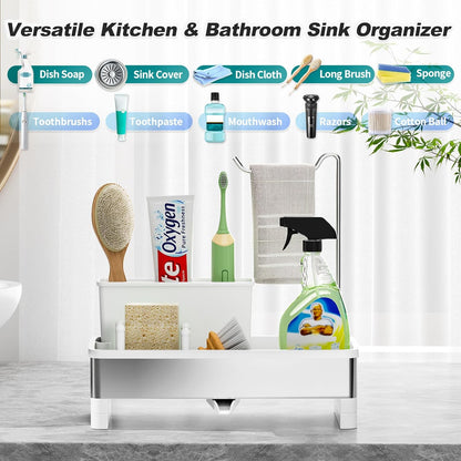 Ewaiira Stainless Steel Sink Caddy, Sponge Holder for Kitchen Sink with Brush Holder and Towel Rack, Sink Organizer for Countertop, Soap Dispenser Kitchen Organizers Storage Essentials (A-Black)