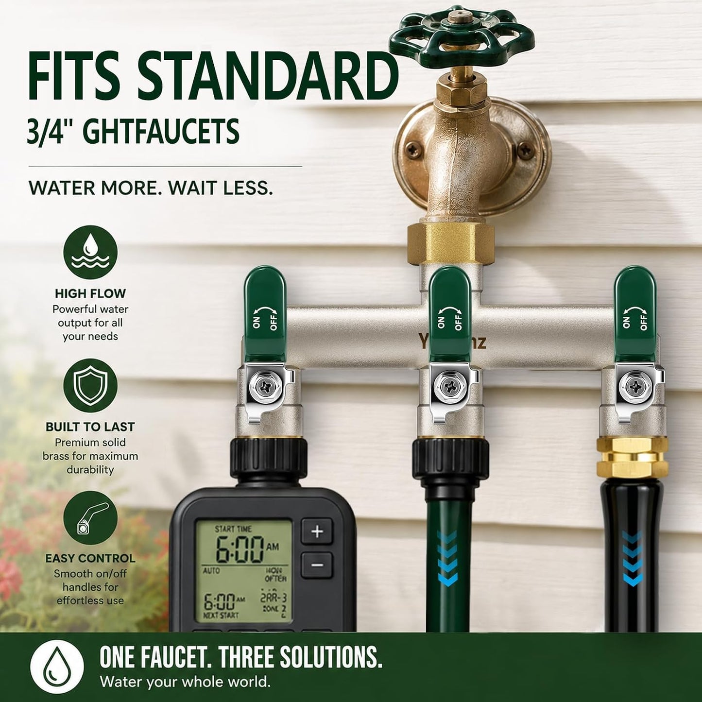 Garden Hose Splitter 3-Way, Heavy Duty Brass Hose Splitter | Outdoor Water Spigot Splitter, Full Flow, Long Handles, Shut-off Valves, Wide Spacing Fit Large Timer