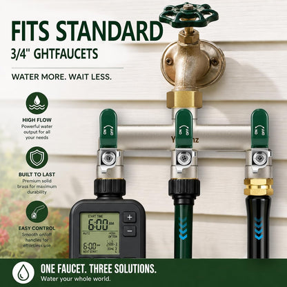 Garden Hose Splitter 3-Way, Heavy Duty Brass Hose Splitter | Outdoor Water Spigot Splitter, Full Flow, Long Handles, Shut-off Valves, Wide Spacing Fit Large Timer