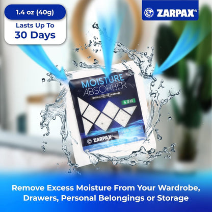 Zarpax Moisture Absorber Sachets Fresh Cotton 1.4 oz/40g - Remove Excess Moisture In Air & Odor - Desiccant Dehumidifier for Closet, Drawer, Safe, Storage - Dampness & Humidity Control - Set of 8