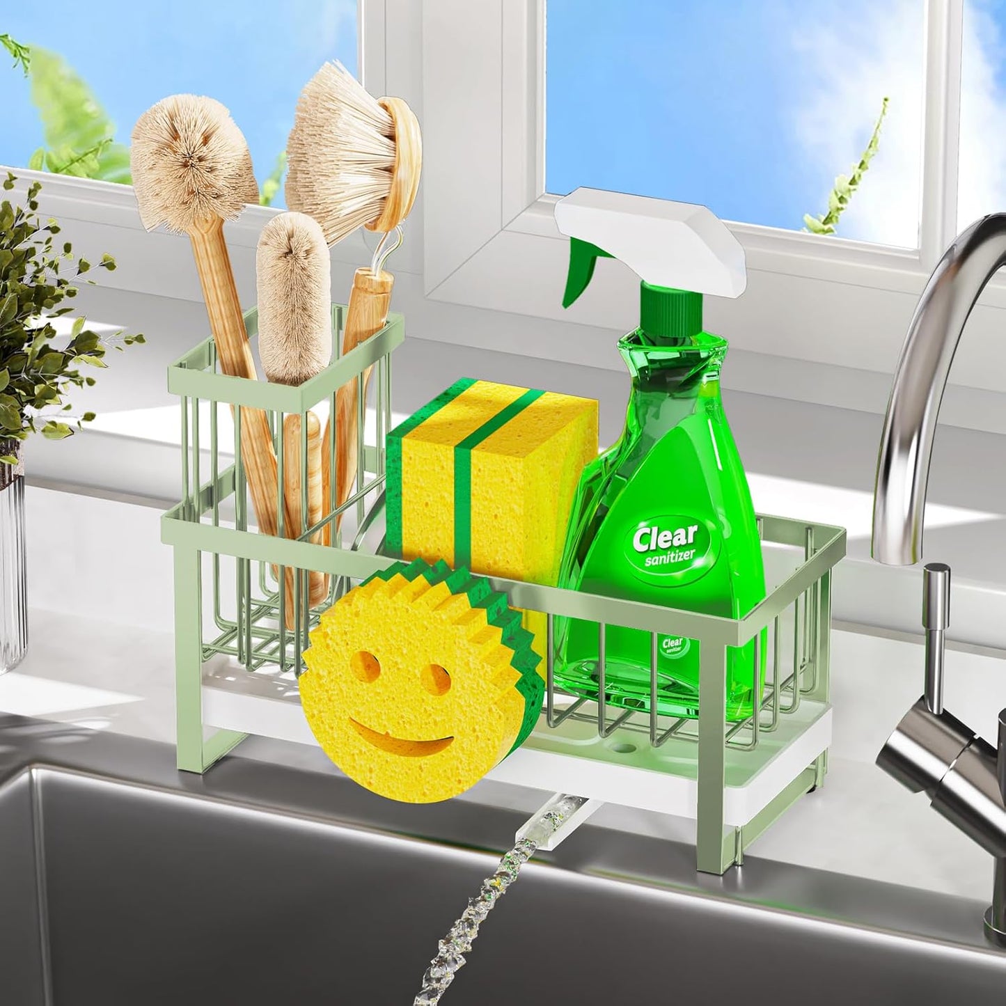 Sponge Holder for Kitchen Sink,Smiley Face Sink Caddy with Removable Brush Holder,Self-Draining Sponge Caddy for Soap,Dish Brush,Scrubber,Kitchen Essentials and Gadgets-Silver
