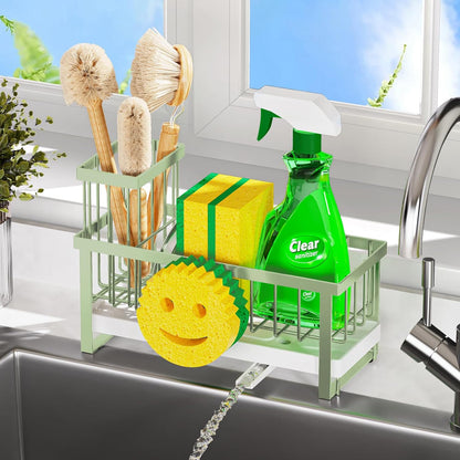 Sponge Holder for Kitchen Sink,Smiley Face Sink Caddy with Removable Brush Holder,Self-Draining Sponge Caddy for Soap,Dish Brush,Scrubber,Kitchen Essentials and Gadgets-Silver