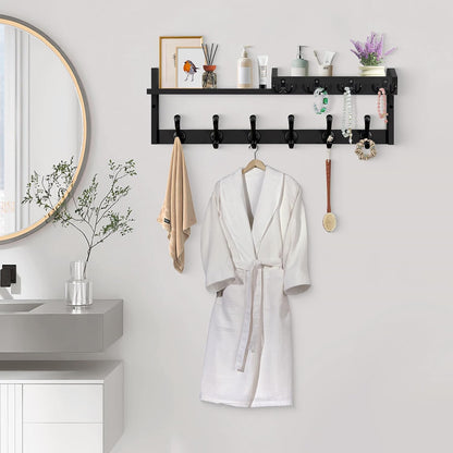Coat Rack Wall Mount with Shelf, 27.5" Entryway Wall Hanging Shelf, Coat and Key Hanger with 10 Dual Hooks, Mail Organizer and Key Holder Hat Rack for Wall, Wood Coat Hooks with Storage