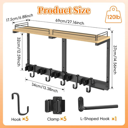 HOOMESUN Broom Holder Wall Mount with Shelf & Guard Rail, Upgraded No-Fall Storage, 120 lbs Heavy Duty Cleaning Organizer, 5 Clamps 4 Hooks, Thick Metal & Wood Rack for Laundry Room Garage