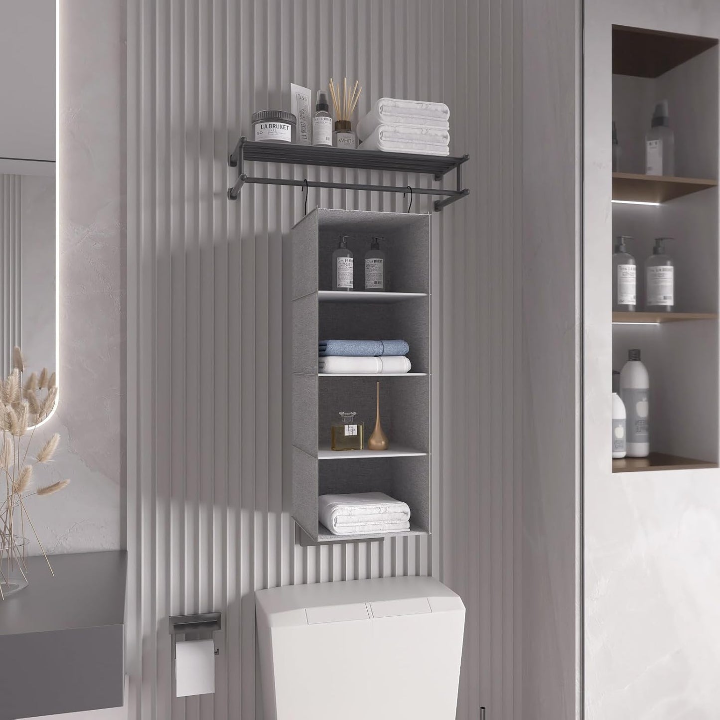 Hanging Closet Organizer 3-Shelf, Oxford Fabric Wardrobe Storage, Gray | Easy-mount foldable design holds clothes, handbags, shoes & accessories; washable Oxford fabric, sturdy and space-saving.