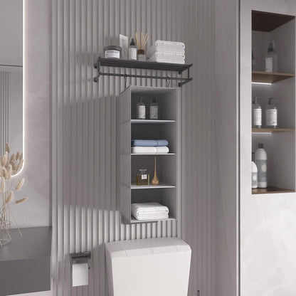 Hanging Closet Organizer 3-Shelf, Oxford Fabric Wardrobe Storage, Gray | Easy-mount foldable design holds clothes, handbags, shoes & accessories; washable Oxford fabric, sturdy and space-saving.