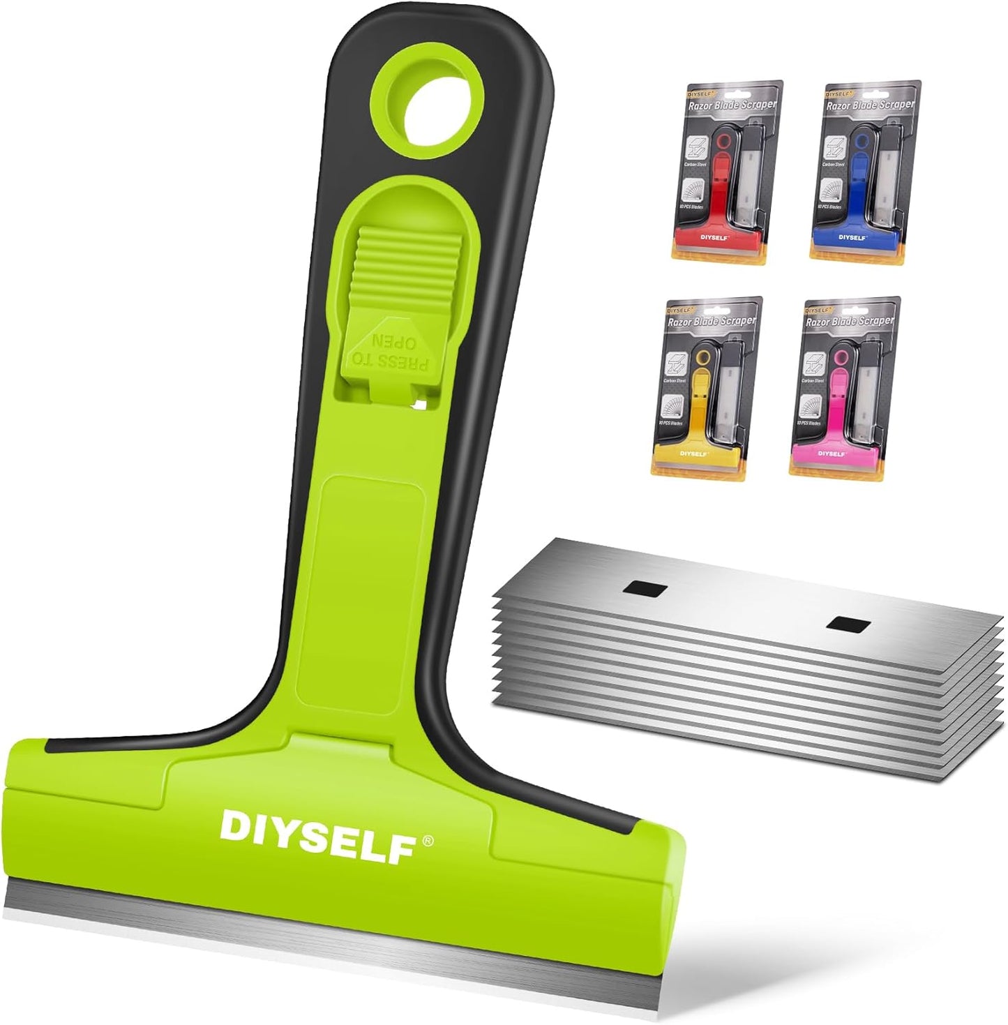 DIYSELF Razor Blade Scraper, 1 Pack Scraper Tool with 10pcs 4-Inch Blades, Razor Scraper for Cleaning Glass, Window, Stove Top, Oven, Kitchen, Cooktop, Shower Door, Sticky Residue, Tile, Wallpaper