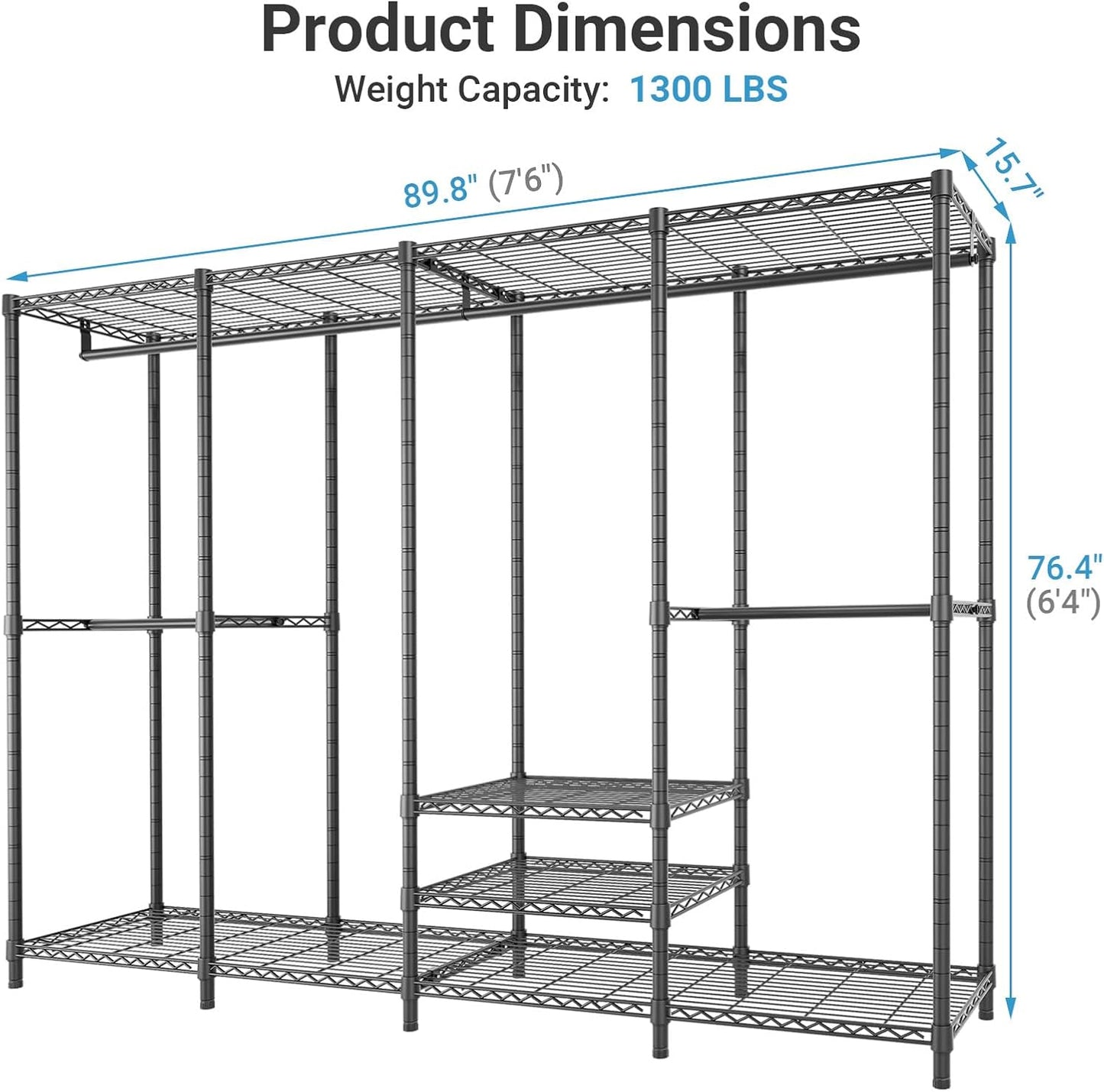 VIPEK V40 Heavy Duty Clothes Rack, 1110lbs Capacity Sturdy Metal Garment Rack, Clothing Rack with 6 Shelves & 4 Hang Rods, Adjustable Open Wardrobe Closet Organizer for Bedroom/Apartment/Retail, Black
