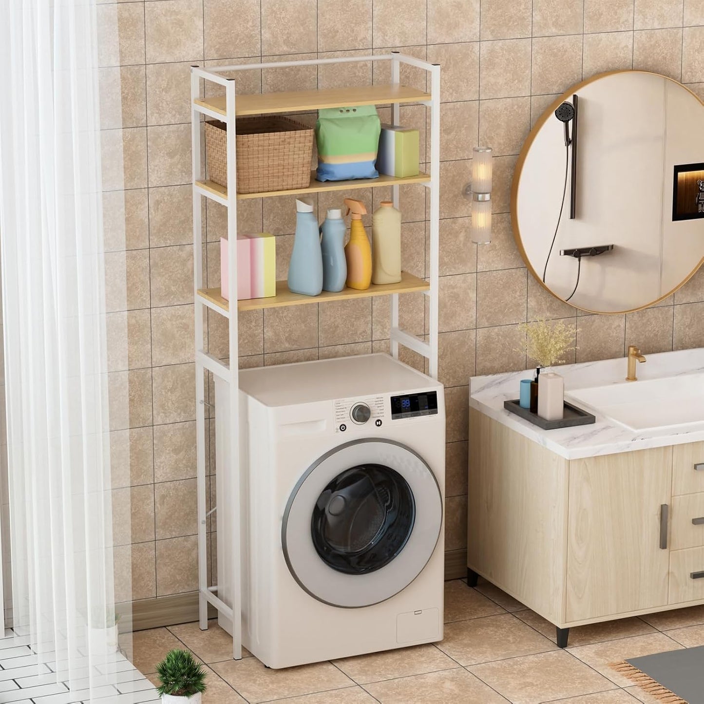 3-Tiers Medium Over Washer and Dryer Shelves, Laundry Room Organization and Storage, Bathroom Storage Shelf, Washing Machine Storage Utility Rack, Laundry Room Storage and Organizer White