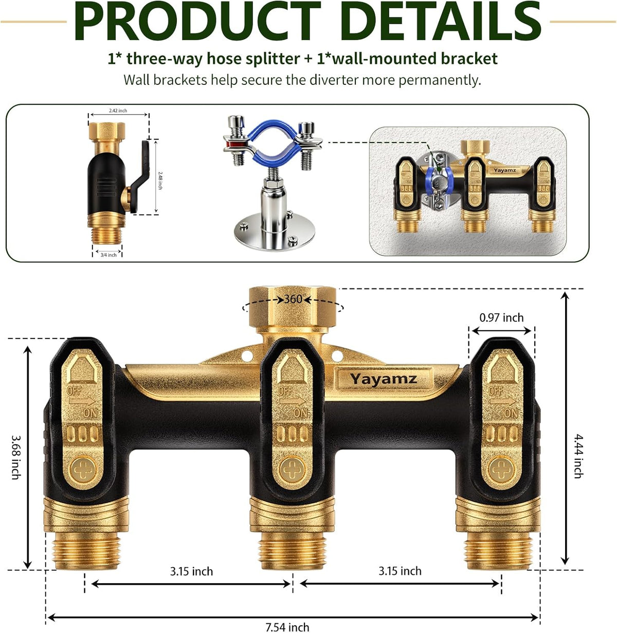 Garden Hose Splitter 2 Way,Heavy Duty All Metal Water Hose Y Splitter | Shut Off Valves,3.6" Easy-Turn Handles,Full Flow Leak-Resistant 3/4" GHT Outdoor Faucet Splitter for Lawn,Garden & Irrigation