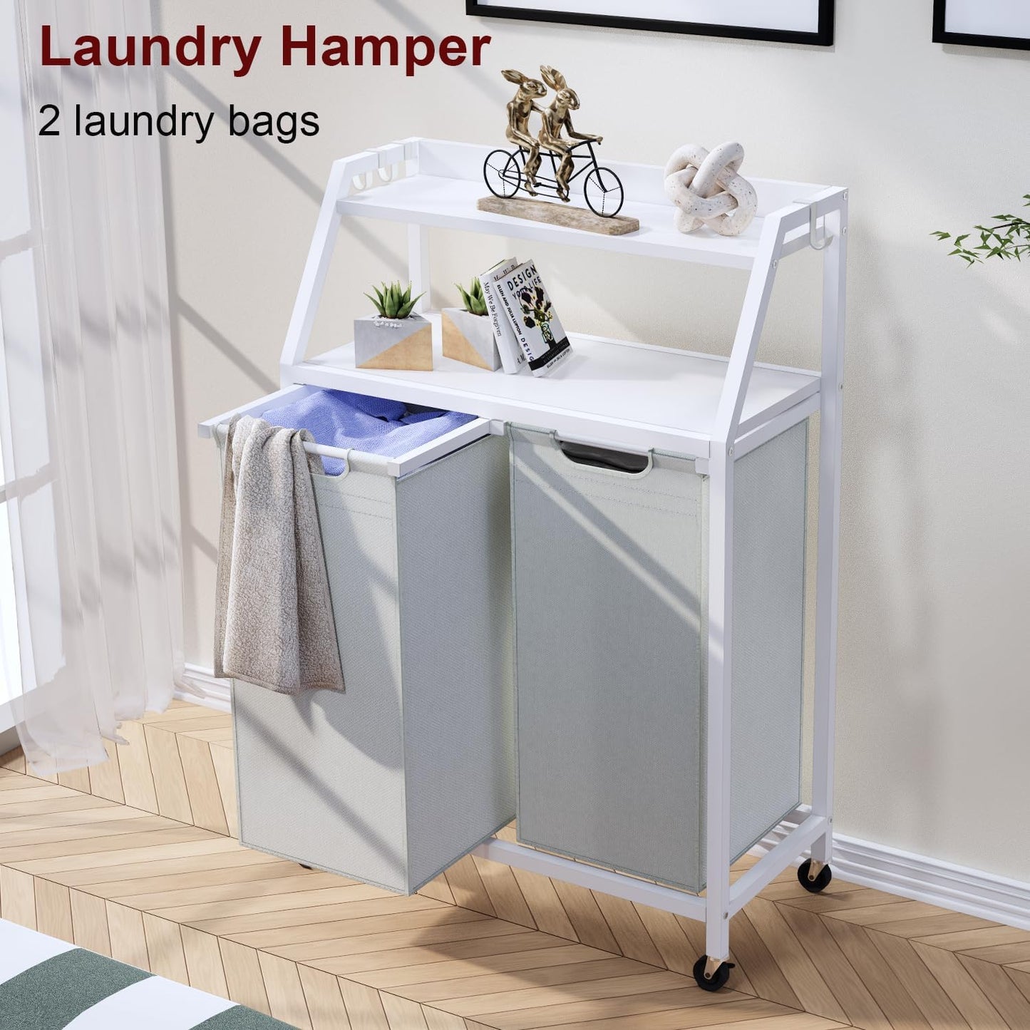 Timberer Laundry Hamper, Laundry Sorter 3 Section, Rolling Laundry Basket with Wheels, 2 Shelves, 3 × 14.5 Gal, Pull-Out and Removable Oxford Fabric Bags, for Laundry Room, Black and Rustic Brown