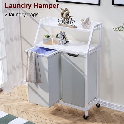 Timberer Laundry Hamper, Laundry Sorter 3 Section, Rolling Laundry Basket with Wheels, 2 Shelves, 3 × 14.5 Gal, Pull-Out and Removable Oxford Fabric Bags, for Laundry Room, Black and Rustic Brown