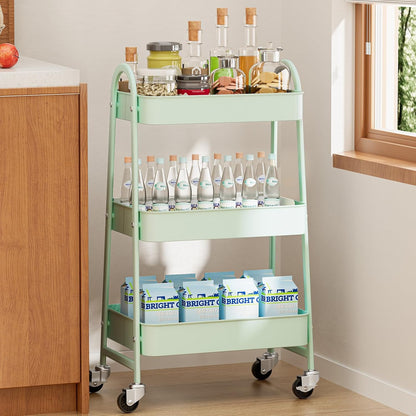 NEWBULIG 3-Tier Rolling Storage Cart, Metal Mobile Utility Organizer Shelf with Lockable Wheels, Space-Saving Freestanding Storage for Bathroom Living Room and Narrow Corner Spaces, Green
