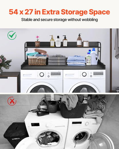 VEVOR Washer Dryer Countertop with 2-Tier Shelf, 54" x 27" Wooden Washer and Dryer Countertop with Anti-Slip Pads, Water-Resistant Laundry Topper Cover for Laundry Room Organization and Storage, Black